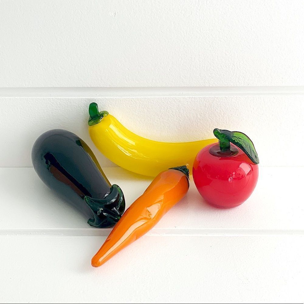 Set of Vintage Murano Blown Glass Fruit & Veggie Apple, Banana, Eggplant, Carrot